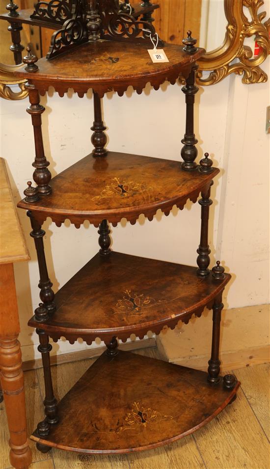 A Victorian walnut corner whatnot W.61cm